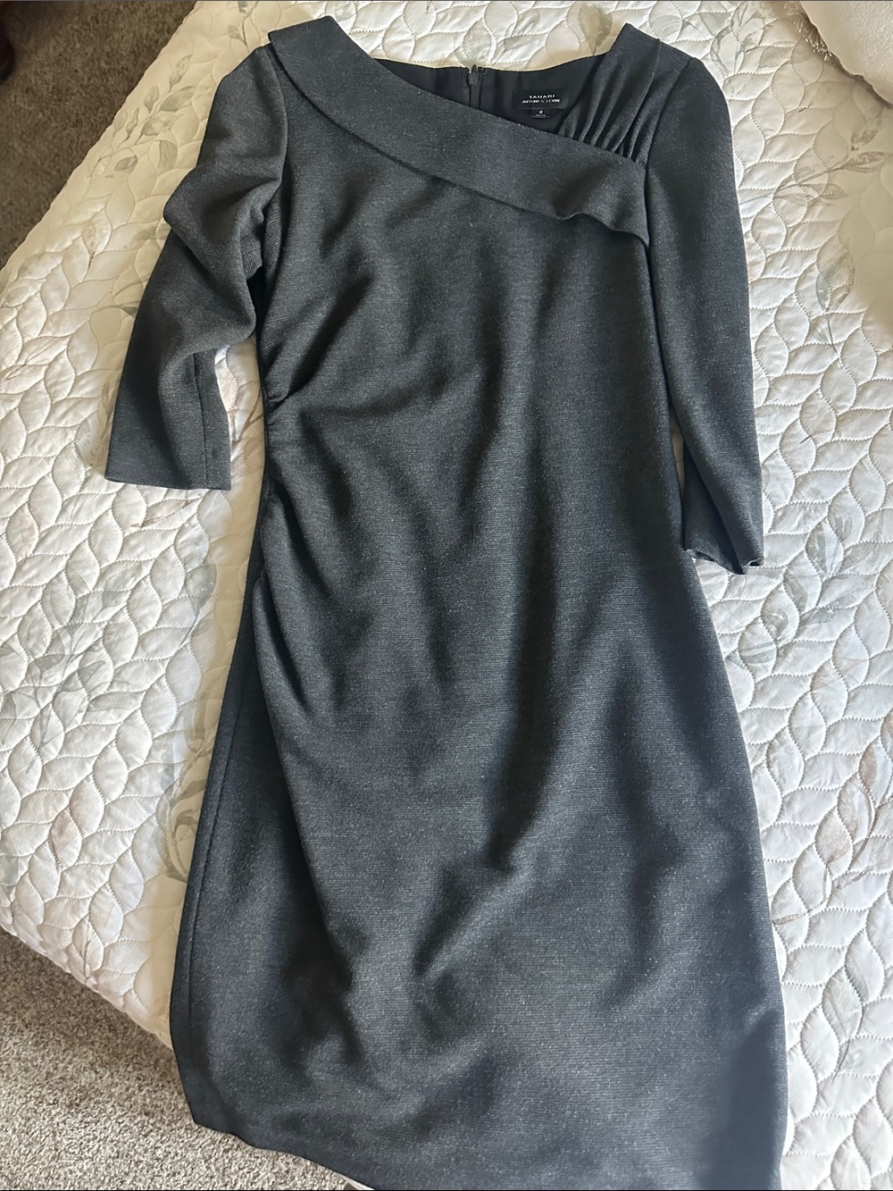 Tahari Charcoal Asymmetrical Boatneck Midi Dress